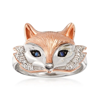 Ross-simons Two-tone Sterling Silver Fox Ring With Sapphire And Diamond Accents In White
