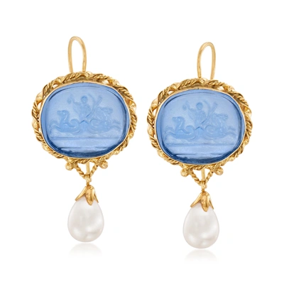 Ross-simons Italian Cultured Pearl And Blue Venetian Glass Intaglio Drop Earrings In 18kt Gold Over Sterling In White