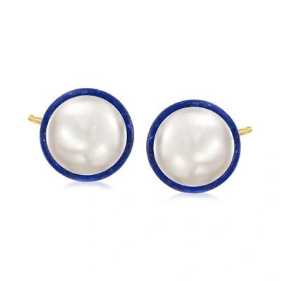 Ross-simons 10-10.5mm Cultured Pearl And Lapis Bezel-set Earrings With 14kt Yellow Gold In Yellow