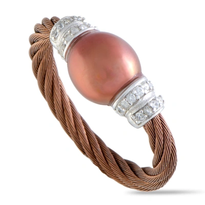 Shop Charriol Pearl Stainless Steel Bronze Pvd Brown Pearl And White Cubic Zirconia Cable Ring In Multi