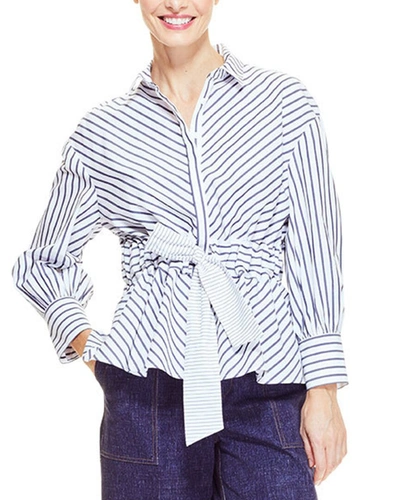 Pearl By Lela Rose Poplin Full Sleeve Belted Top In Multi