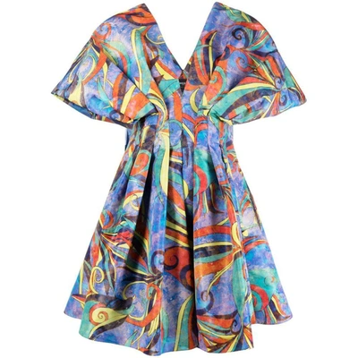 Rochas Pleated Graphic-print Minidress In Blue