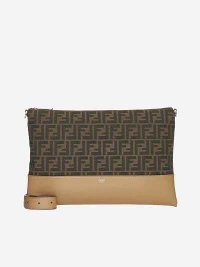 Shop Fendi After Ff Fabric Pouch In Tobacco,sand