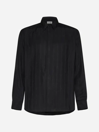 Shop Saint Laurent Ysl Pinstriped Silk Shirt In Black
