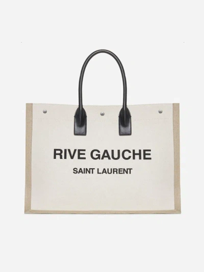 Shop Saint Laurent Rive Gauche Canvas Tote Bag In Natural,beige,black