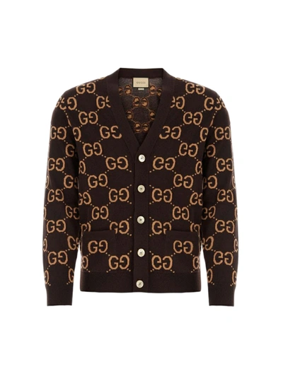 Shop Gucci Cardigan In Lana Jacquard Gg In Brown