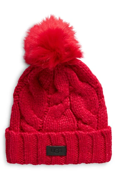 Shop Ugg Cable Knit Pom Beanie In Cerise