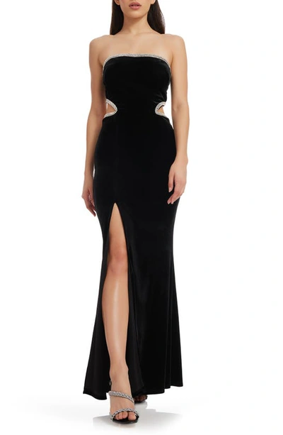 Shop Dress The Population Ariana Cutout Strapless Stretch Velvet Gown In Black-silver