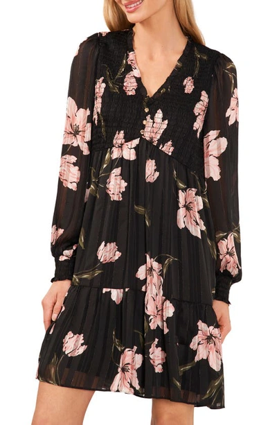 Shop Cece Yoryu Metallic Stripe Floral Long Sleeve Dress In Rich Black