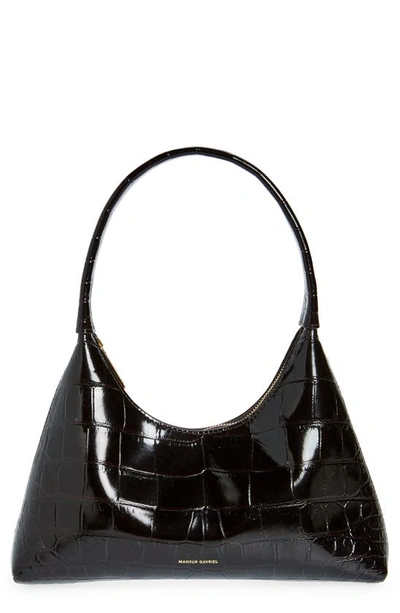 Shop Mansur Gavriel Mini Candy Croc Embossed Faux Patent Leather Hobo Bag In Chocolate