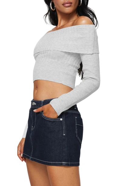 Princess Polly Tagula Off The Shoulder Mixed Rib Crop Sweater In Grey