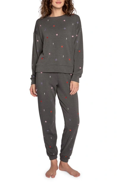 Shop Pj Salvage Love Life Embroidered Fleece Pajamas In Heather Slate