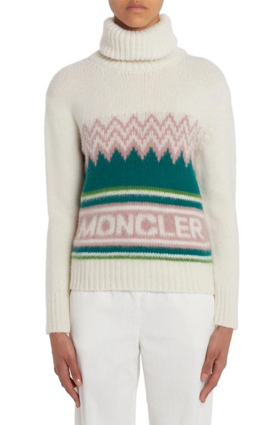 Shop Moncler Festive Logo Intarsia Wool Turtleneck Sweater In White
