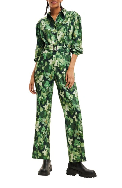 Shop Desigual Ronda Floral Camo Long Sleeve Belted Jumpsuit In Green