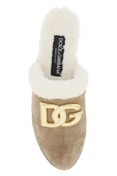 Shop Dolce & Gabbana Suede And Faux Fur Clogs With Dg Logo. In Brown
