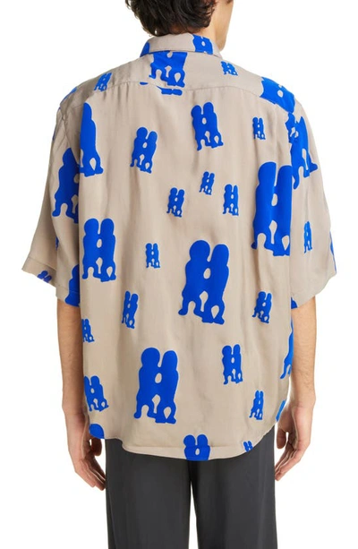 Shop Acne Studios Front Zip Cupro Shirt In Blue/ Khaki Beige