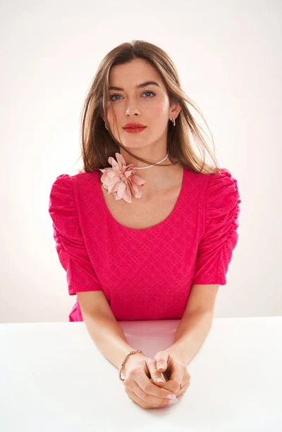 Shop Cece Eyelet Puff Sleeve Top In Bright Rose