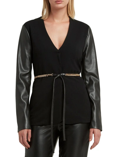 Shop H Halston Womens Faux Leather Trim V Neck Collarless Blazer In Black