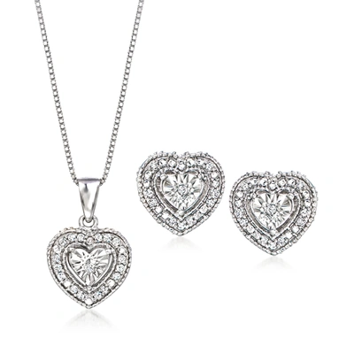 Ross-simons Diamond Jewelry Set: Heart-shaped Earrings And Pendant Necklace In Sterling Silver In Multi