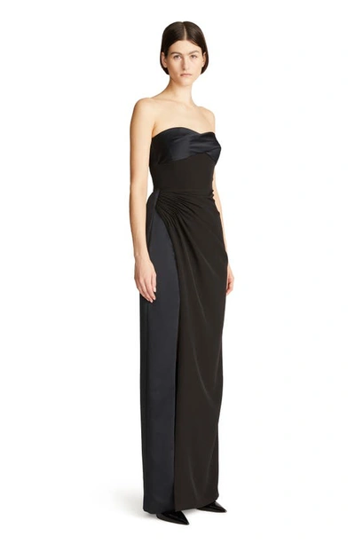 Shop Halston Esther Ruched Strapless Crepe & Satin Gown In Black