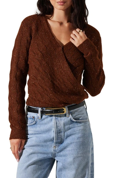Shop Astr Metallic Sequin Surplice Cable Stitch Sweater In Copper