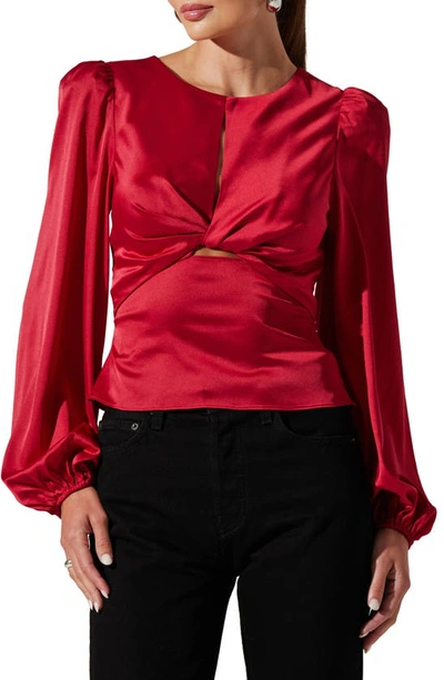 Shop Astr Twist Front Keyhole Balloon Sleeve Satin Top In Red