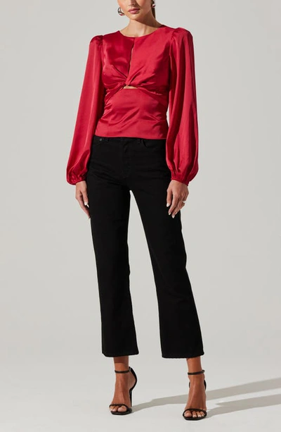 Shop Astr Twist Front Keyhole Balloon Sleeve Satin Top In Red