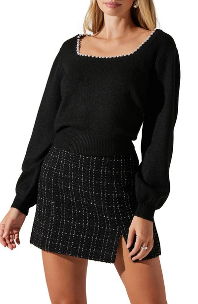 Shop Astr Imitation Pearl Trim Square Neck Sweater In Black