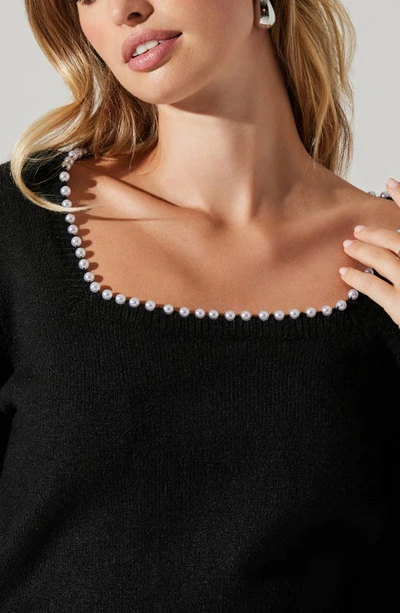 Shop Astr Imitation Pearl Trim Square Neck Sweater In Black