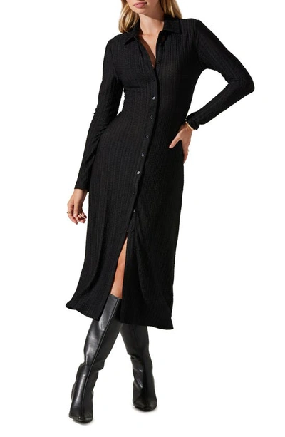 Shop Astr Long Sleeve Textured Knit Midi Shirtdress In Black