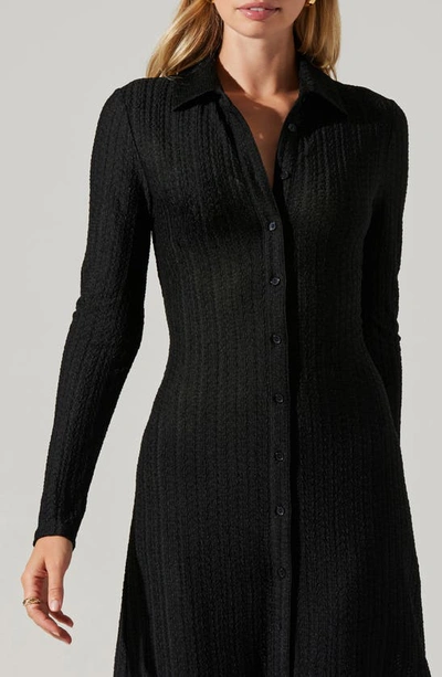Shop Astr Long Sleeve Textured Knit Midi Shirtdress In Black