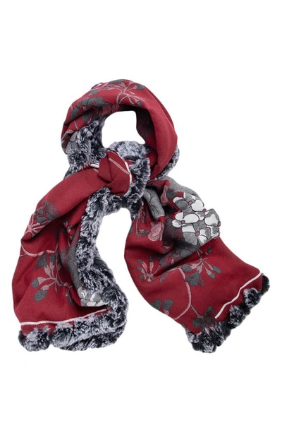 Shop Saachi Floral Reversible Scarf With Faux Fur Trim In Maroon