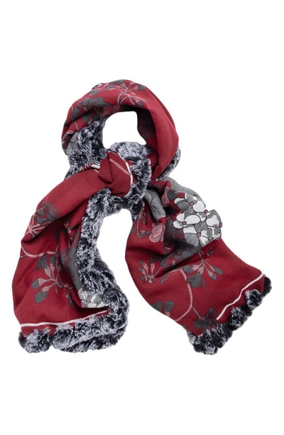 Saachi Floral Reversible Scarf With Faux Fur Trim In Maroon
