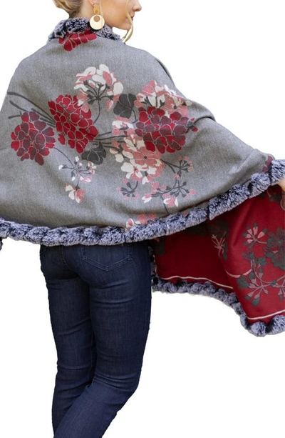 Saachi Floral Reversible Scarf With Faux Fur Trim In Maroon