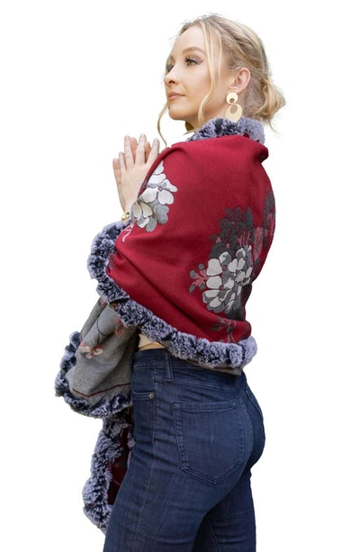 Saachi Floral Reversible Scarf With Faux Fur Trim In Maroon