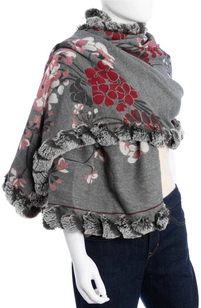 Saachi Floral Reversible Scarf With Faux Fur Trim In Maroon