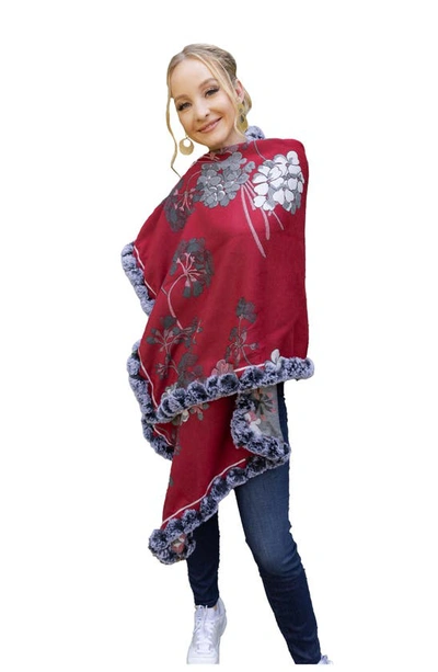 Saachi Floral Reversible Scarf With Faux Fur Trim In Maroon