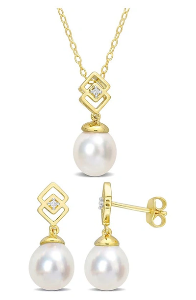 Delmar Cultured Freshwater Pearl & White Topaz Necklace & Stud Earrings Set In White
