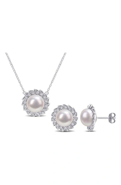 Delmar Cultured Freshwater Pearl & Lab Created White Sapphire Necklace & Stud Earrings Set In White