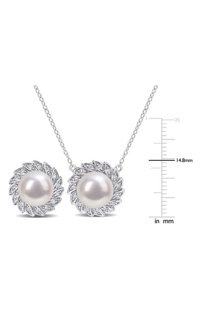 Delmar Cultured Freshwater Pearl & Lab Created White Sapphire Necklace & Stud Earrings Set In White