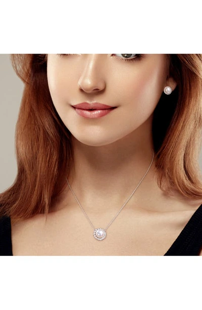 Delmar Cultured Freshwater Pearl & Lab Created White Sapphire Necklace & Stud Earrings Set In White