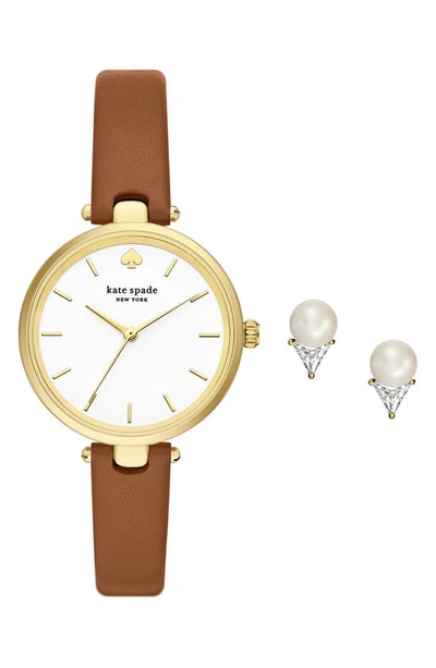 Shop Kate Spade Holland Leather Strap Watch & Imitation Pearl Stud Earrings In Brown/ Gold