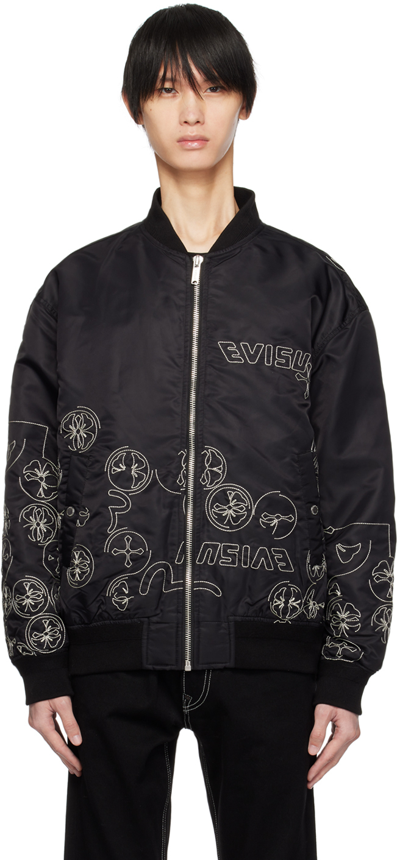 Shop Evisu Black Embroidered Bomber Jacket