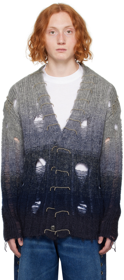 Off-white Distressed Effect Wool Cardigan With Beads Detail In Light Grey