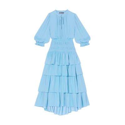 Shop Maje Satiny Maxi Dress With Frills In Bleu_clair