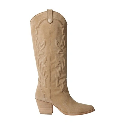 Shop Maje Embroidered Leather Cowboy Boots In Beige