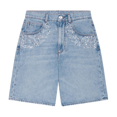 Shop Maje Flared Denim Shorts With Diamantés In Bleu