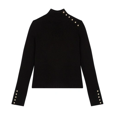 Shop Maje Cashmere Sweater With Golden Snap Fasteners In Noir