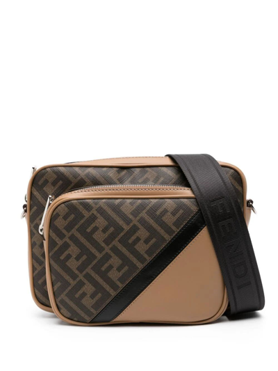 Shop Fendi Ff-pattern Leather Shoulder Bag In Brown