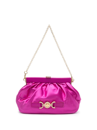 Shop Versace Clutch Bag With Medusa Plaque In Pink & Purple